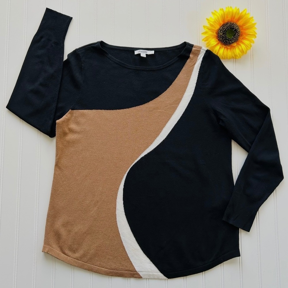 Chico's Sweater (1) Black Tan Excellent Colorblock Swirl Lenzing Ecovero Viscose